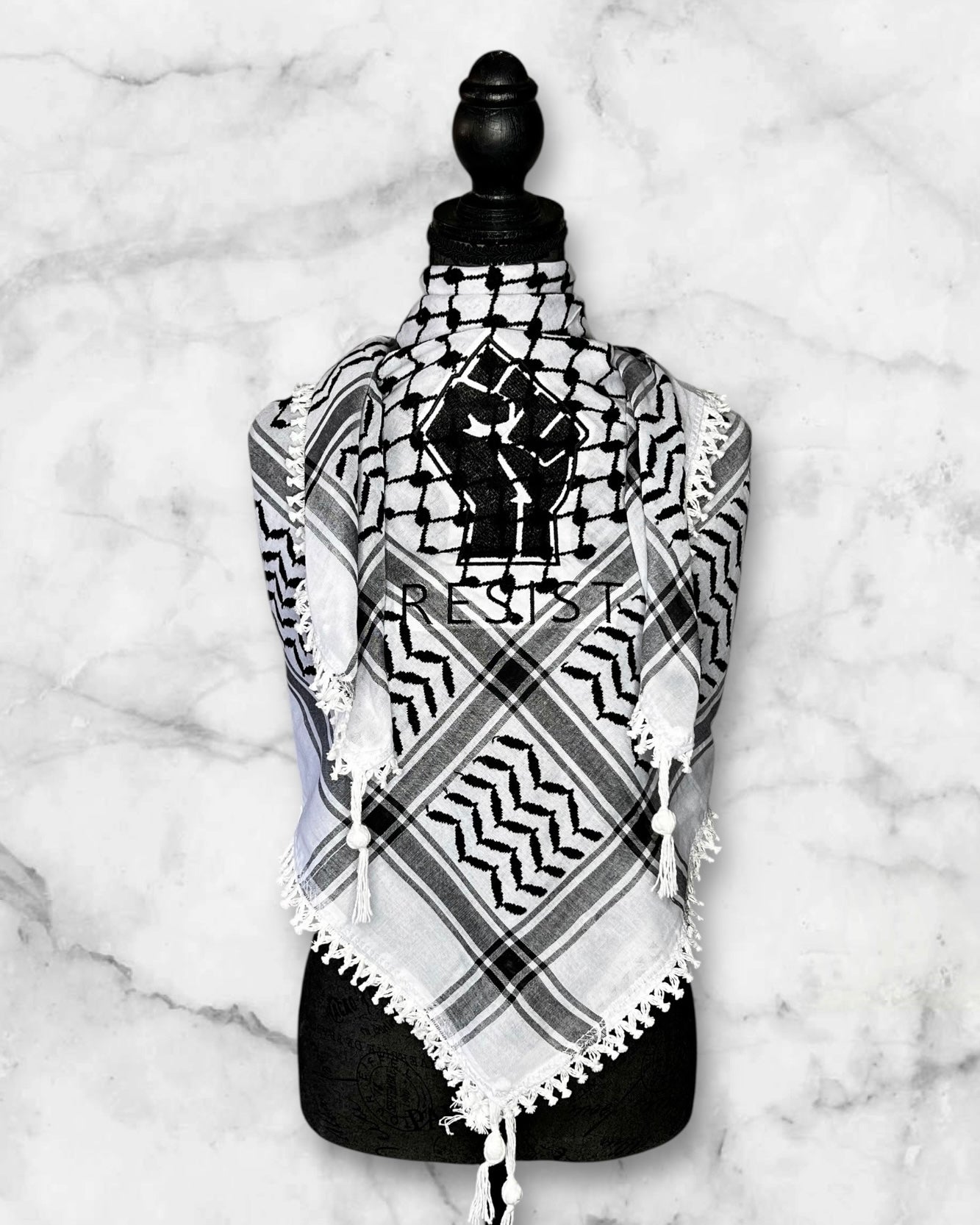 Embroidered keffiyehs with different colors and designs to choose from