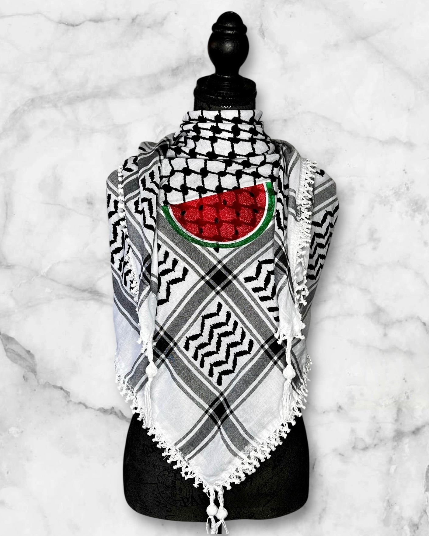 Embroidered keffiyehs with different colors and designs to choose from