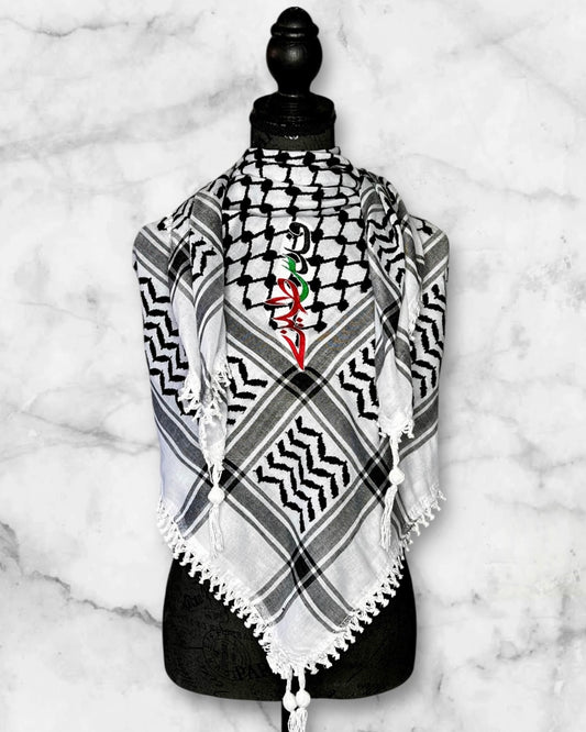 Embroidered keffiyehs with different colors and designs to choose from