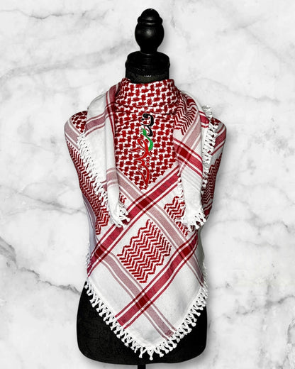 Embroidered keffiyehs with different colors and designs to choose from