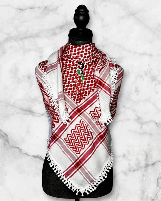 Embroidered keffiyehs with different colors and designs to choose from